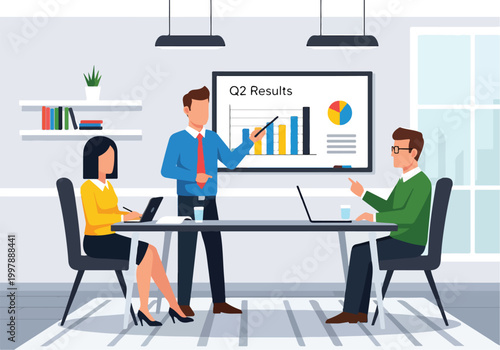 Business team meeting with Q2 results presentation