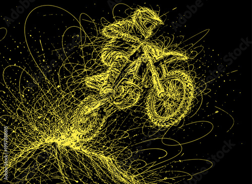 Golden Light Painting of Motocross Dirt Bike Rider Jumping on Black Background — Extreme Sports Energy Art