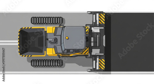 Yellow asphalt paver machine laying down new road surface from above.