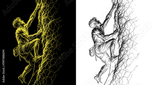 Golden Light Painting of Muscular Rock Climber Scaling Cliff Face — Extreme Sports Determination Neon Art on Black Background