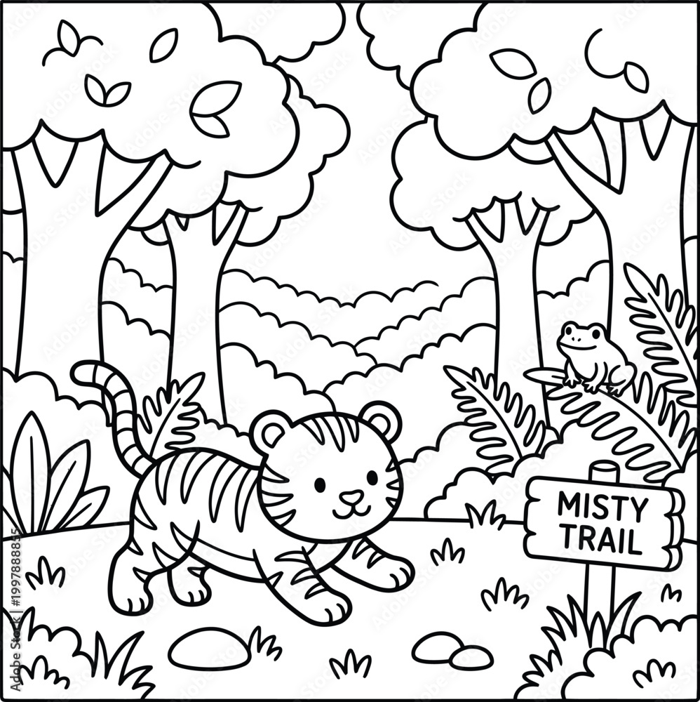 Ταπετσαρία Bold and Easy Tiger Coloring Page - Cozy Moment Cute Kawaii Wild Animal Minimali