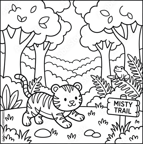 Cuadro en lienzo Bold and Easy Tiger Coloring Page - Cozy Moment Cute Kawaii Wild Animal Minimali
