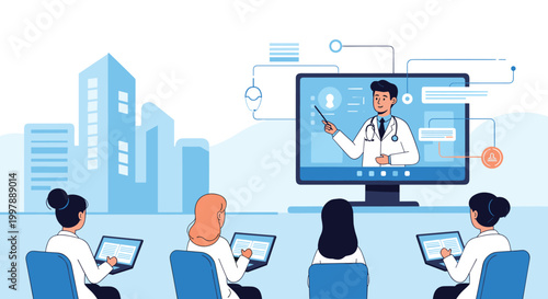 Group of students in a modern classroom setting attending a remote medical lecture from a doctor shown on a large display screen monitor.