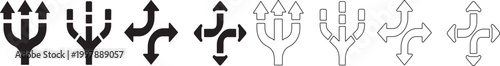 Set of black and white directional arrow including triple split, four-way branching, and curved path symbols for navigation and flowcharts