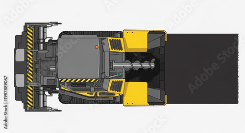 Top view of a modern asphalt paving machine working on a road construction site.