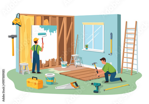 Workers renovating interior