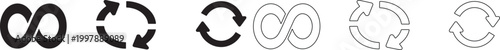 Set of black and white infinity and circular refresh arrow symbols for loading, recycling, and continuous process