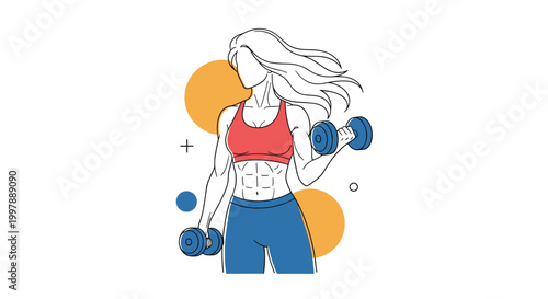 Athletic woman with a muscular physique and long flowing hair performing bicep curls with two blue dumbbells for fitness illustration.