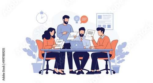 Group of professional people having an active team meeting and working with documents and a laptop at a shared office table together.