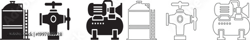 Set of industrial featuring storage tanks, valves, and air compressors in solid black and outline styles