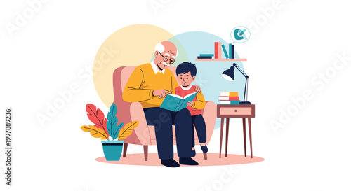 Caring elderly grandfather sitting in a pink armchair and reading a storybook to his young grandson in a cozy room with bookshelves.