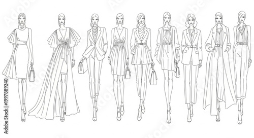 Fashion illustration of multiple women in elegant dresses and coats.