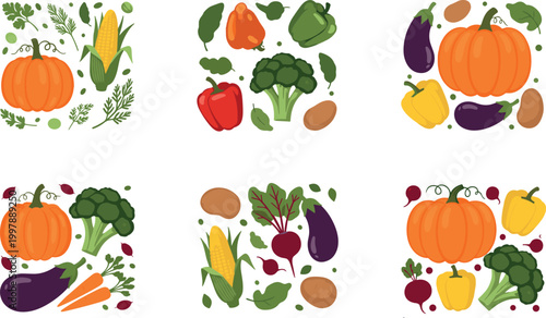 Vegetable composition set with pumpkin, corn and fresh farm produce, organic food ingredients vector illustration for healthy lifestyle design