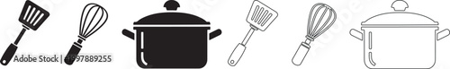 Set of kitchen utensil featuring solid black and outline styles of a slotted spatula, wire whisk, and cooking pot with lid