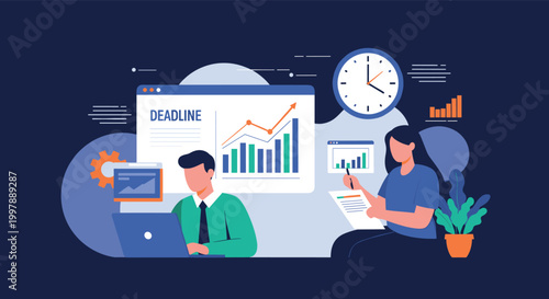 Man and woman working intensely in an office setting with a large clock and a deadline notification representing time management pressure.