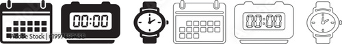 Set of time and date featuring calendars, digital alarm clocks, and analog wristwatches in solid black and outline styles