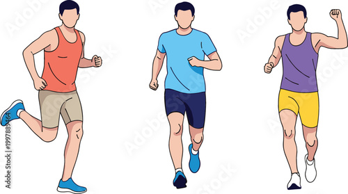 Running men vector illustration set with athletic male characters jogging, fitness training and healthy lifestyle concept, active sports people isolated on white background