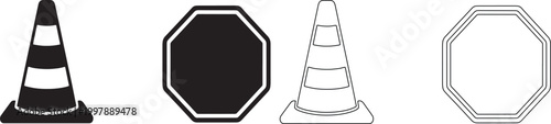 Set of traffic safety featuring solid and outline versions of traffic cones and octagonal stop signs