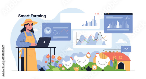 Modern smart farming illustration shows a woman using a laptop to monitor chicken health and agricultural productivity data.
