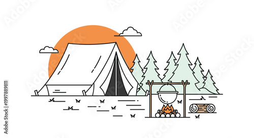 Beautiful camping scene features a white tent, a cooking pot over a campfire, evergreen trees, and a large setting orange sun.