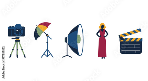 Photography and Filmmaking Equipment Set: Camera, Light, Umbrella, Model, Clapperboard