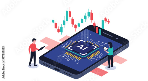 Two tiny people stand on a large smartphone with a glowing artificial intelligence chip and stock market candlestick charts.