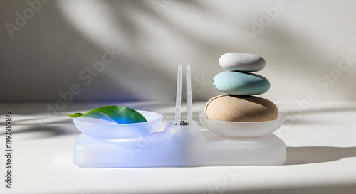 boy playing with toy car, zen stones and green leaf, Zen Stone Balance Concept with Glowing Blue Orb and Green Leaf on Minimalist White Pedestal