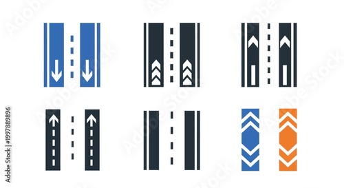 Road Lane Markings Icons Set: Arrows, Direction, Traffic Flow, Navigation, Road Signs