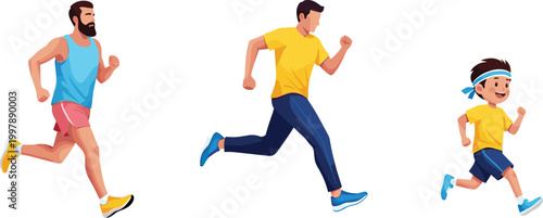 Running People Set with Man, Athlete, and Child Jogging Characters for Fitness, Exercise, Healthy Lifestyle, Sports Training, and Outdoor Activity Illustration