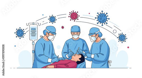 Surgical team wearing full protective gear performs an operation in a hospital while virus particles float in the background.