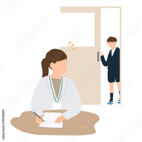 保健室の前でためらう子どもに気づく養護教諭のイラスト