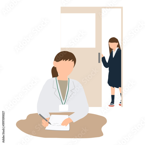 保健室に入るのをためらう小学生の女の子のイラスト