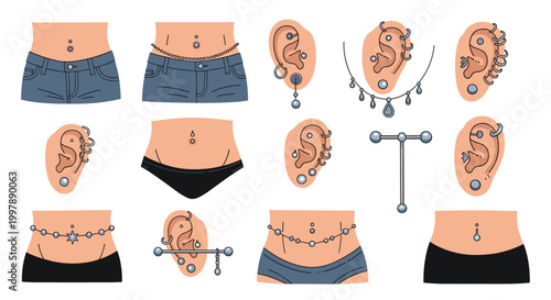 Comprehensive chart displays various types of body piercings including belly button jewelry, ear studs, and industrial bars.