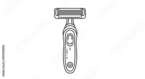 Simple black and white line art drawing shows a modern multi blade disposable shaving razor for personal grooming and hygiene.