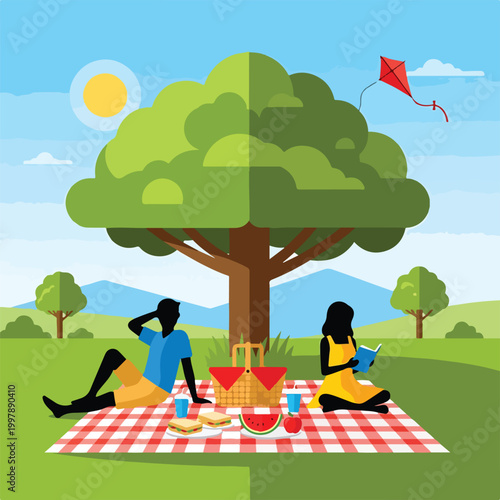 Obraz na plátně A serene picnic scene under a large tree with a couple