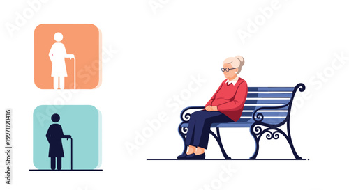 Senior woman sitting alone on a blue park bench with stylized icons of elderly people shown beside her in different colored square frames.