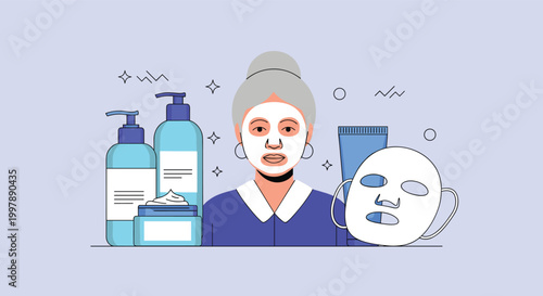 Elderly lady wearing a white sheet mask on her face surrounded by various skincare product bottles like lotion, cream, and serum for anti-aging.