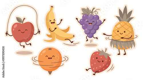 Adorable Fruit Cartoon Set Fun Activities Kawaii Style Illustration