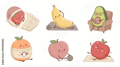 Cute Kawaii Fruit Characters Daily Life Sticker Pack Cozy Flat Vector
