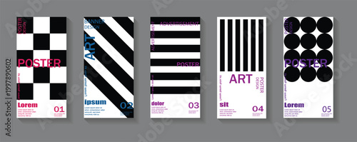 A set of five minimalist graphic design posters featuring bold geometric patterns and clean typography. Vector patterns are perfect for posters,  labels, backgrounds with excellent text legibility. 
