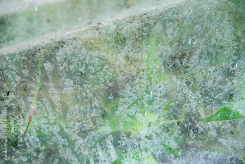 A captivating macro photograph featuring natural morning dew droplets and condensation collected on the surface of a sheet of clear plastic. The image captures the foggy effect created by countless sm
