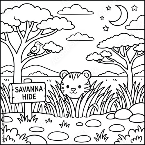 Fotografija Bold and Easy Tiger Coloring Page - Cozy Moment Cute Kawaii Wild Animal Minimali