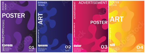 A vibrant collection of abstract poster designs featuring bold colors and organic shapes. Each poster showcases unique layouts. Ideal for creative projects,these layouts include banners, posters.