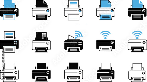 Set of Printer Icons with Wireless Printing, Documents, Scanning, Office Equipment, and Technology Devices for Business and Workspace Design Concepts