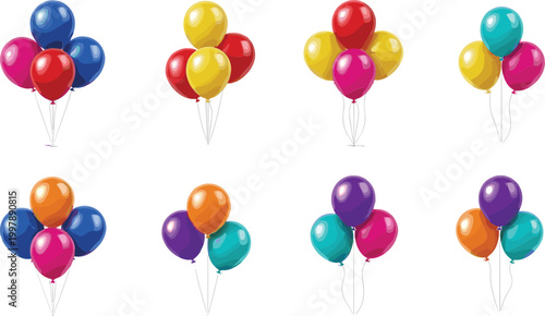Set of colorful balloons vector illustration featuring festive helium balloons in different arrangements for party celebration birthday decoration and event design