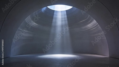 Minimalist white arched interior space with natural light from skylight