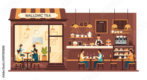 Fotografie A cozy tea shop with customers and a barista