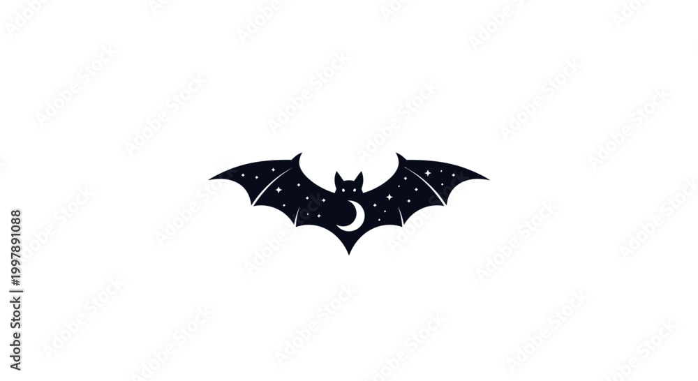 Fototapeta premium Dark Bat Silhouette with Crescent Moon and Stars Icon