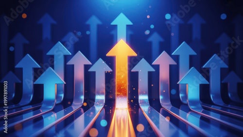 Bright Orange Arrow Leading Upwards Among Blue Arrows, Symbolizing Business Growth and Success