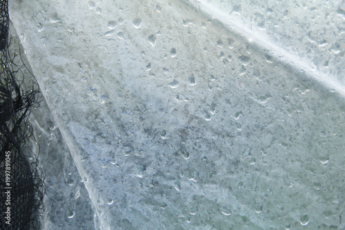 A captivating macro photograph featuring natural morning dew droplets and condensation collected on the surface of a sheet of clear plastic. The image captures the foggy effect created by countless sm